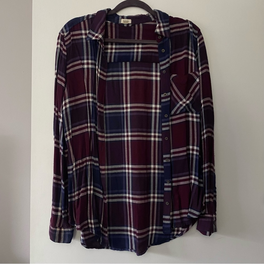 Garage Burgundy Navy Blue Plaid Button Down Shirt